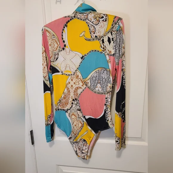 Fashion Nova Chain Print Scarf Bodysuit-long Sleeve-vibrant-multi Size M - Picture 4 of 11